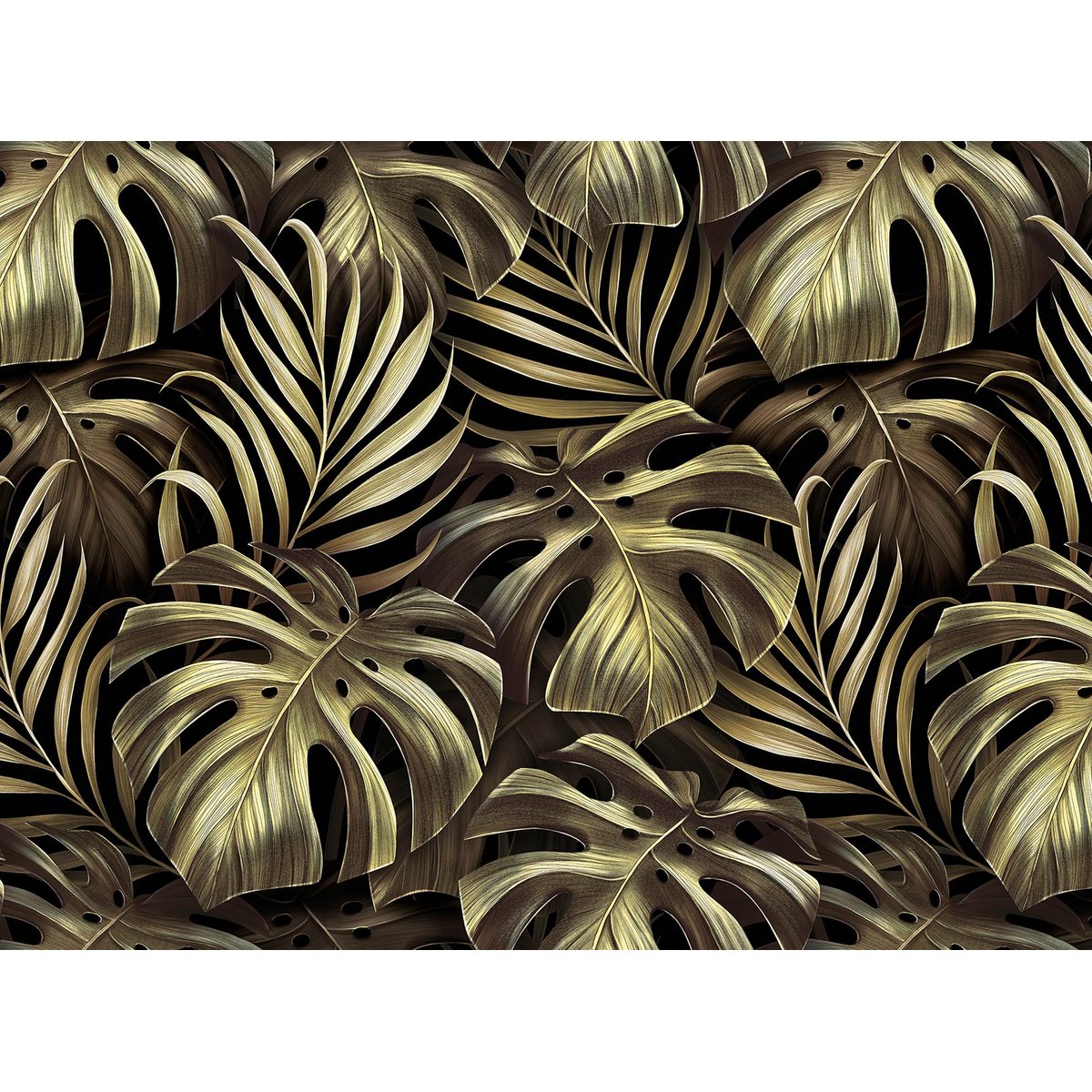 Papier peint panoramique et feuilles monsteras dorees intissé, HEXOA
