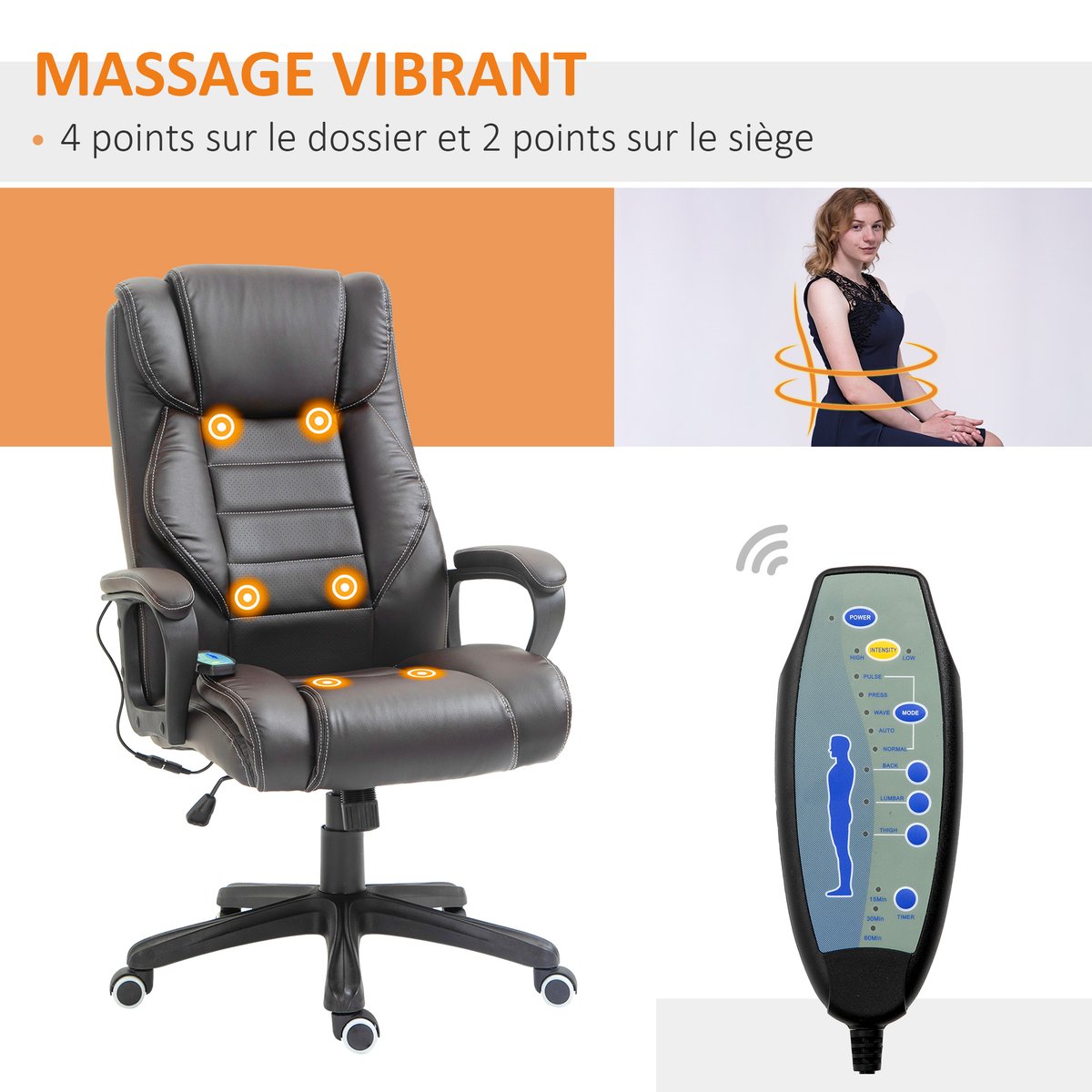 fauteuil de bureau avec fonction massage brun, HOMCOM