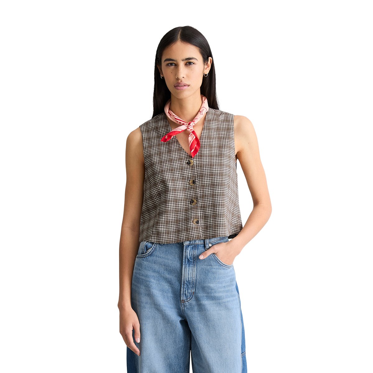 Gilet à carreaux regular en mélange coton organique-lin marron foncé, MARC O’POLO DENIM
