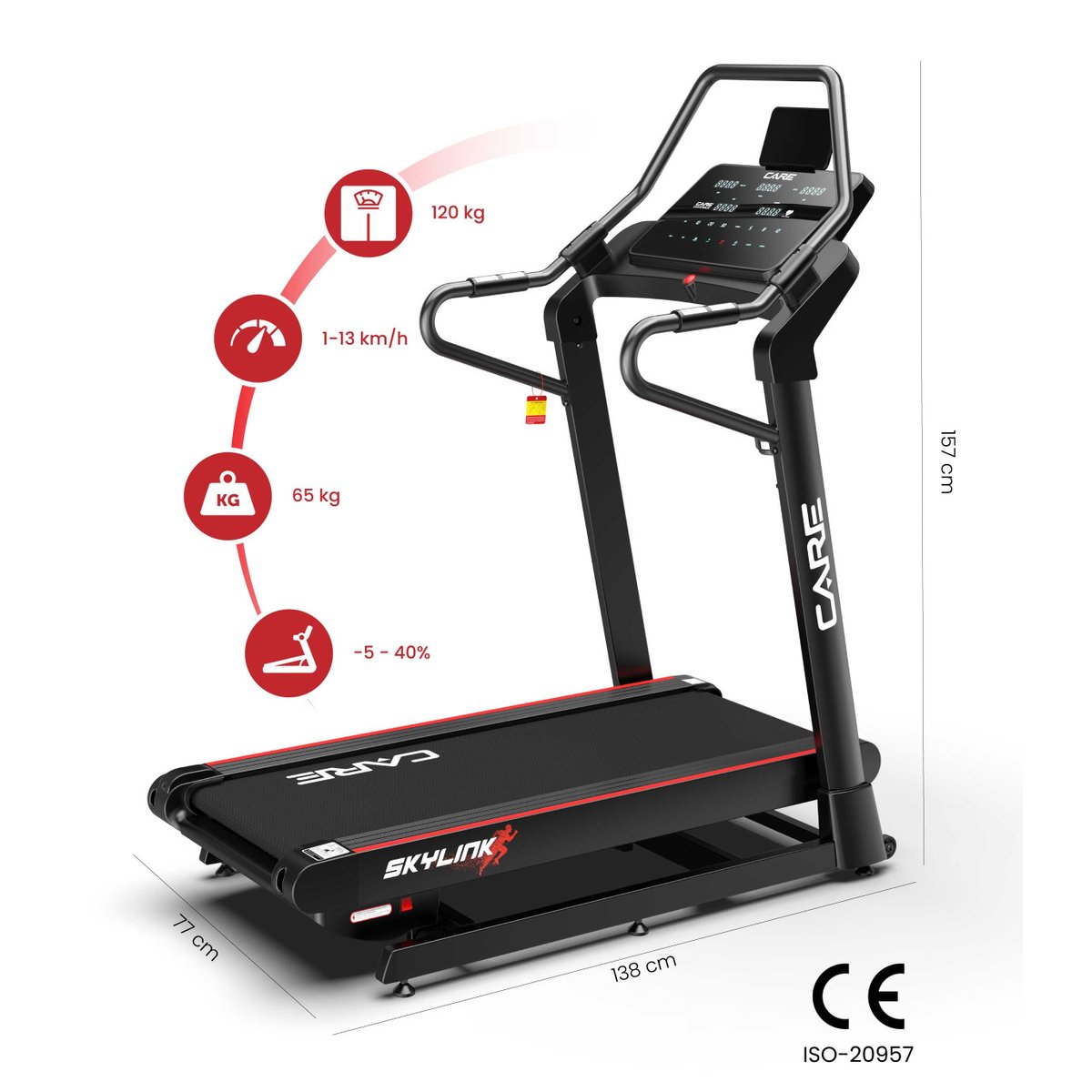 Tapis de course - CARE - SKYLINK - 13km/h et inclinaison 40% noir, CARE FITNESS