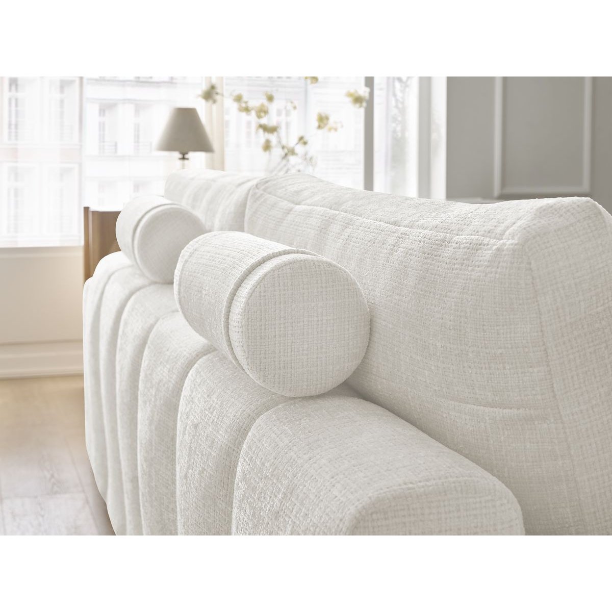 Canapé droit convertible 3 places en tissu texturé avec pouf, ANAKIN blanc, BOBOCHIC