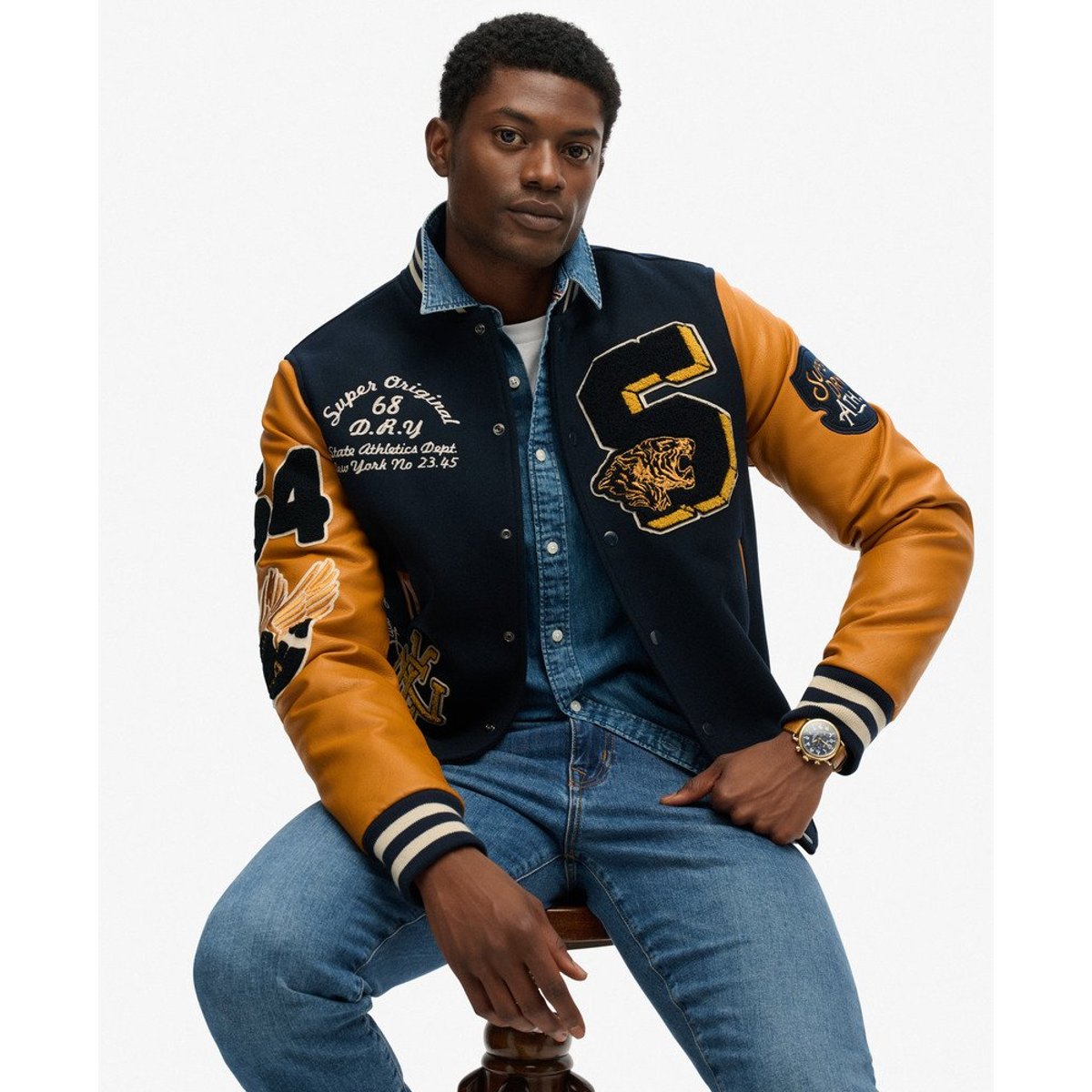 Blouson Universitaire Vintage à Écussons bleu marine éclipse/moutarde, SUPERDRY