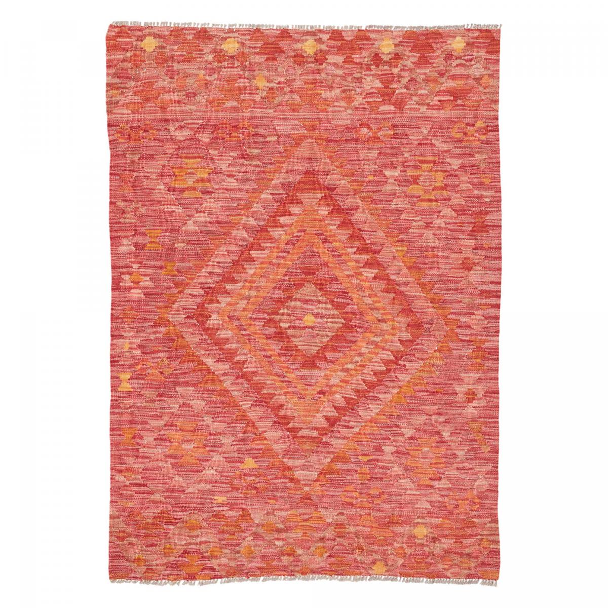 Tapis kilim géométrique, tissé plat en laine, KILIM 39 rouge, orange, rose, UN AMOUR DE TAPIS