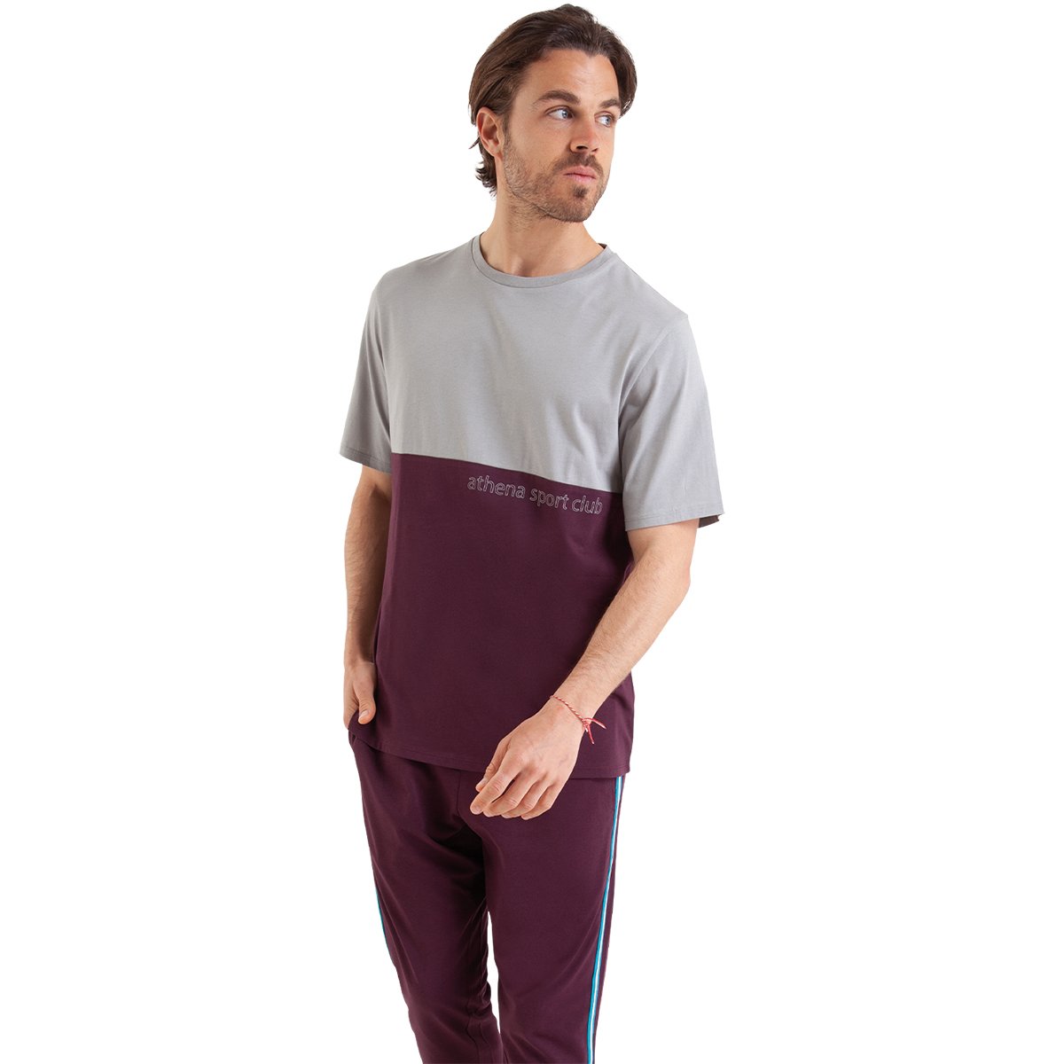 Pyjama long manches courtes col rond CLUB violet-gris, ATHENA