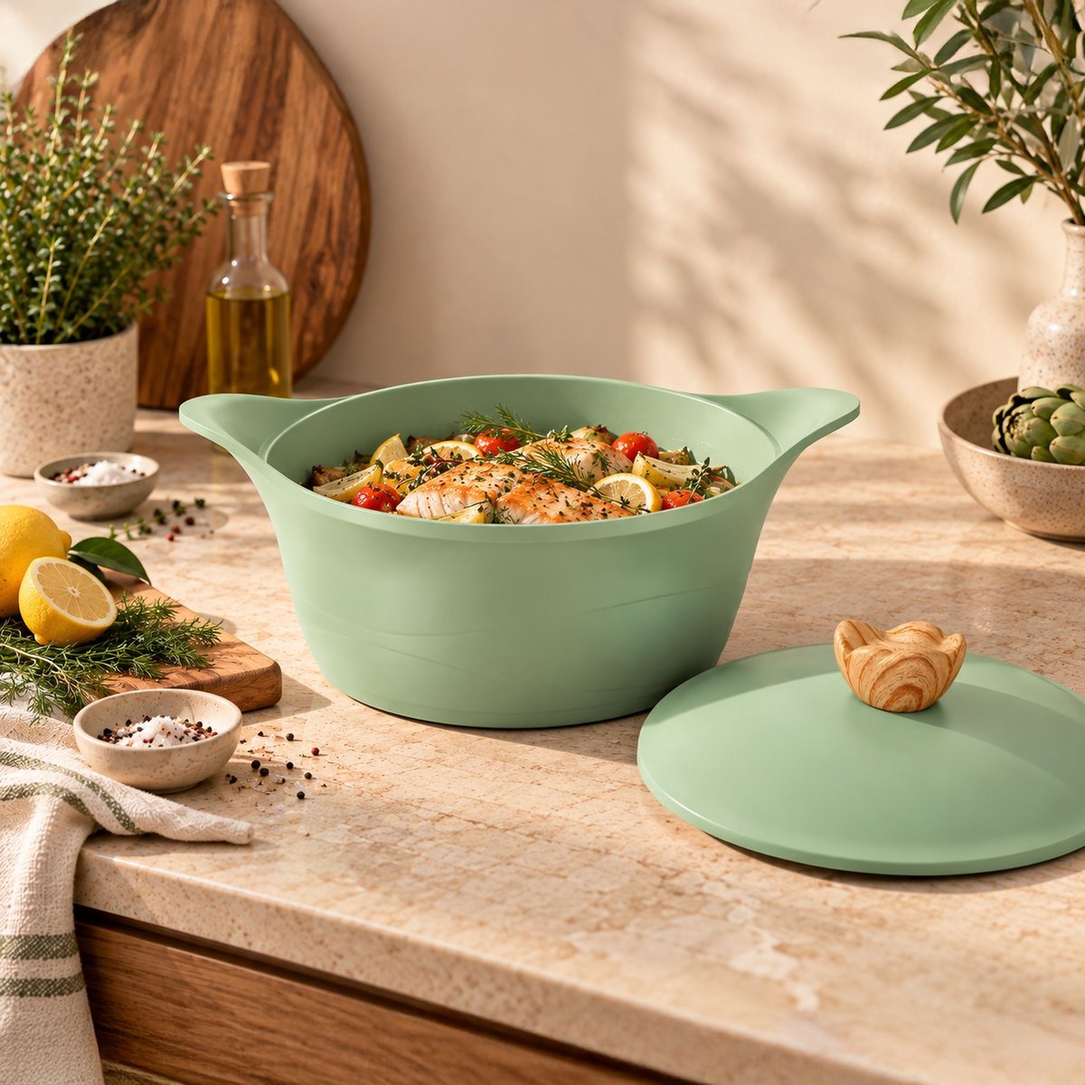 Cocotte 24cm 4L en fonte d'aluminium, LOTUS vert, MENASTYL