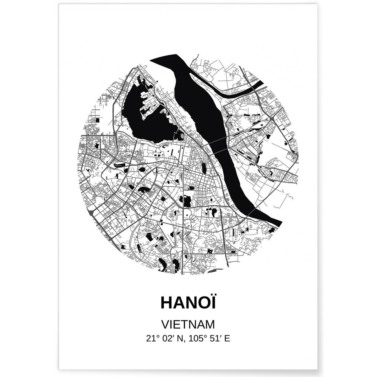 Affiche Carte Hanoï blanc, L'AFFICHERIE