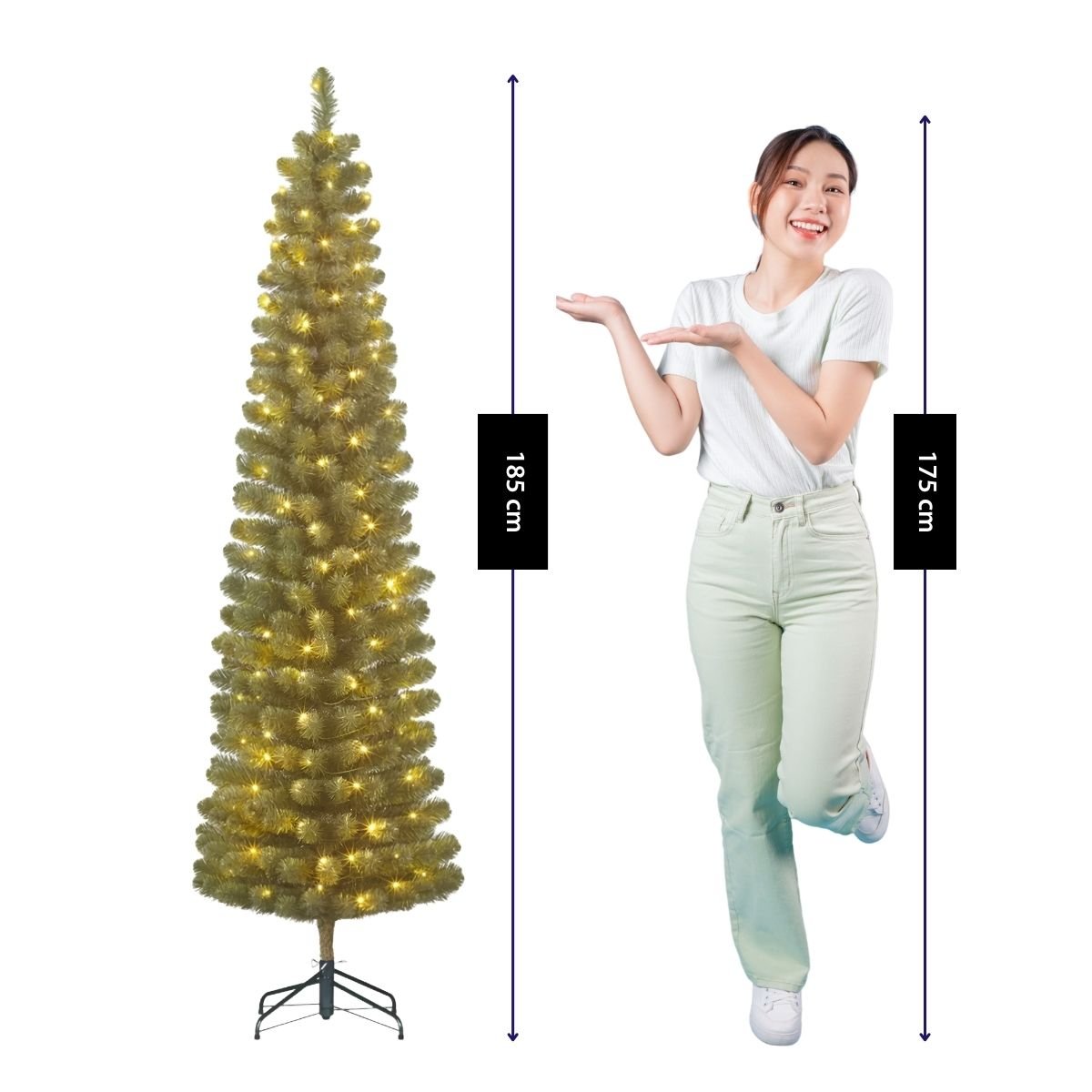 Sapin de Noël artificiel étroit avec LED H185 cm CHARLTON vert, BLACK BOX TREES