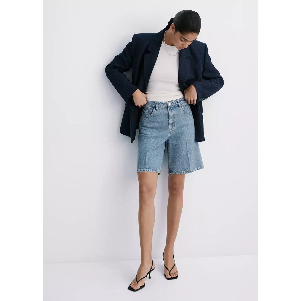 Bermuda en jean droit taille haute bleu moyen, MANGO