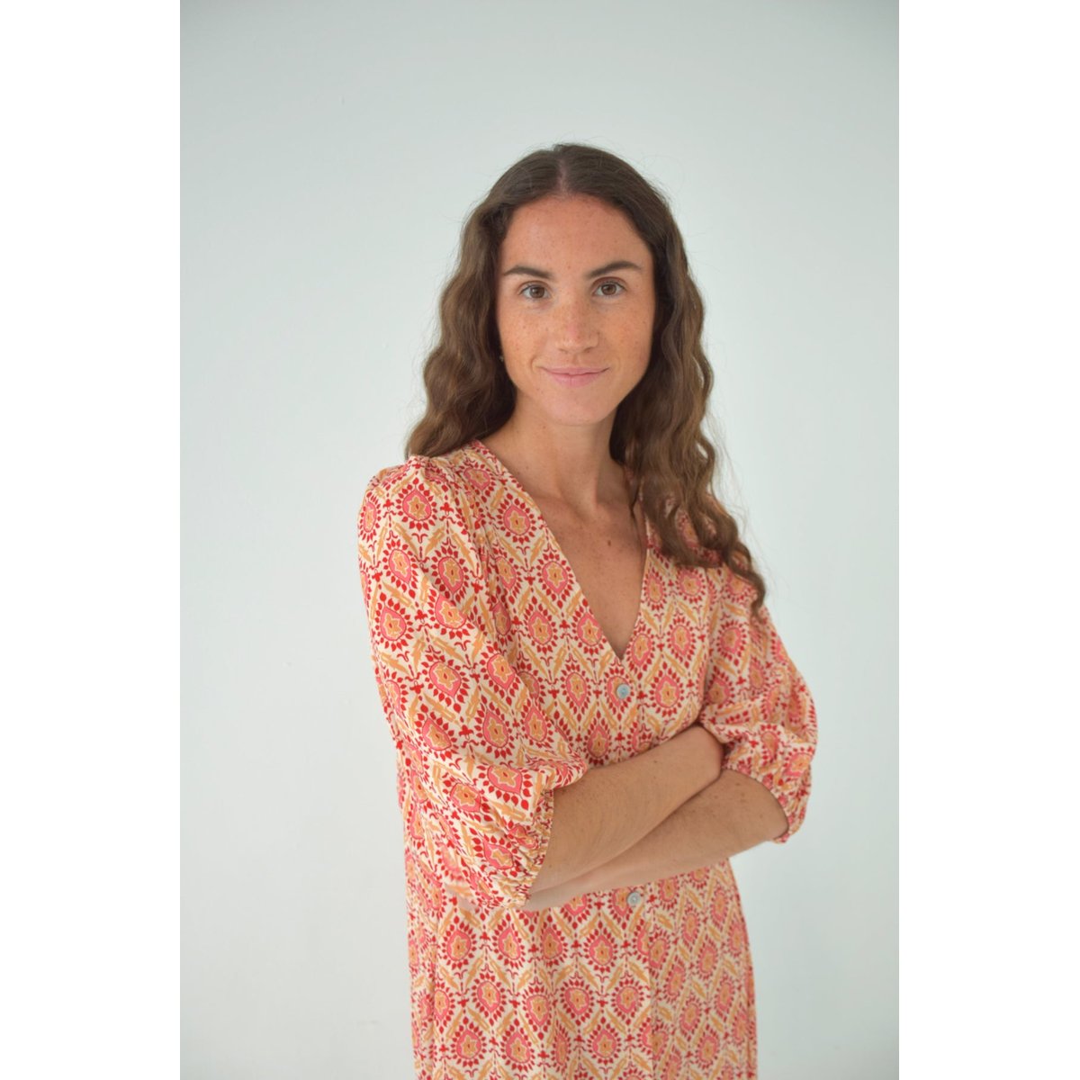 Robe imprimée boutonnée volant MICA bordeaux / orange, MINDTRAVELER