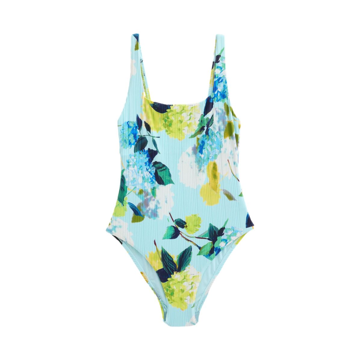 Maillot de bain gainant côtelé à col carré fleurs bleu turquoise/vert citron, NEXT