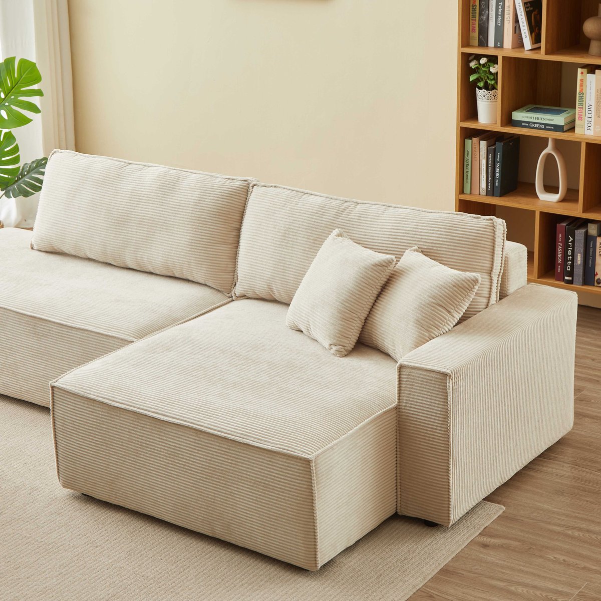 Canapé d'angle droit convertible velours ZOLA beige, BAÏTA