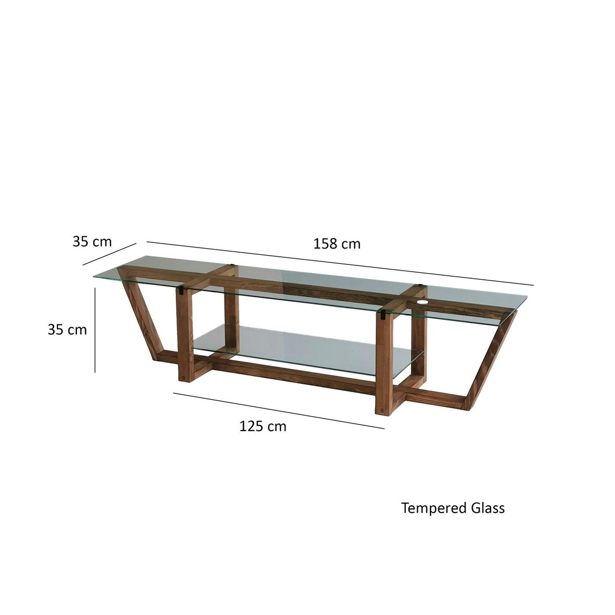 Meuble TV verre trempé bois foncé - 158 cm 2 niveaux LHASA bois naturel, PIER IMPORT