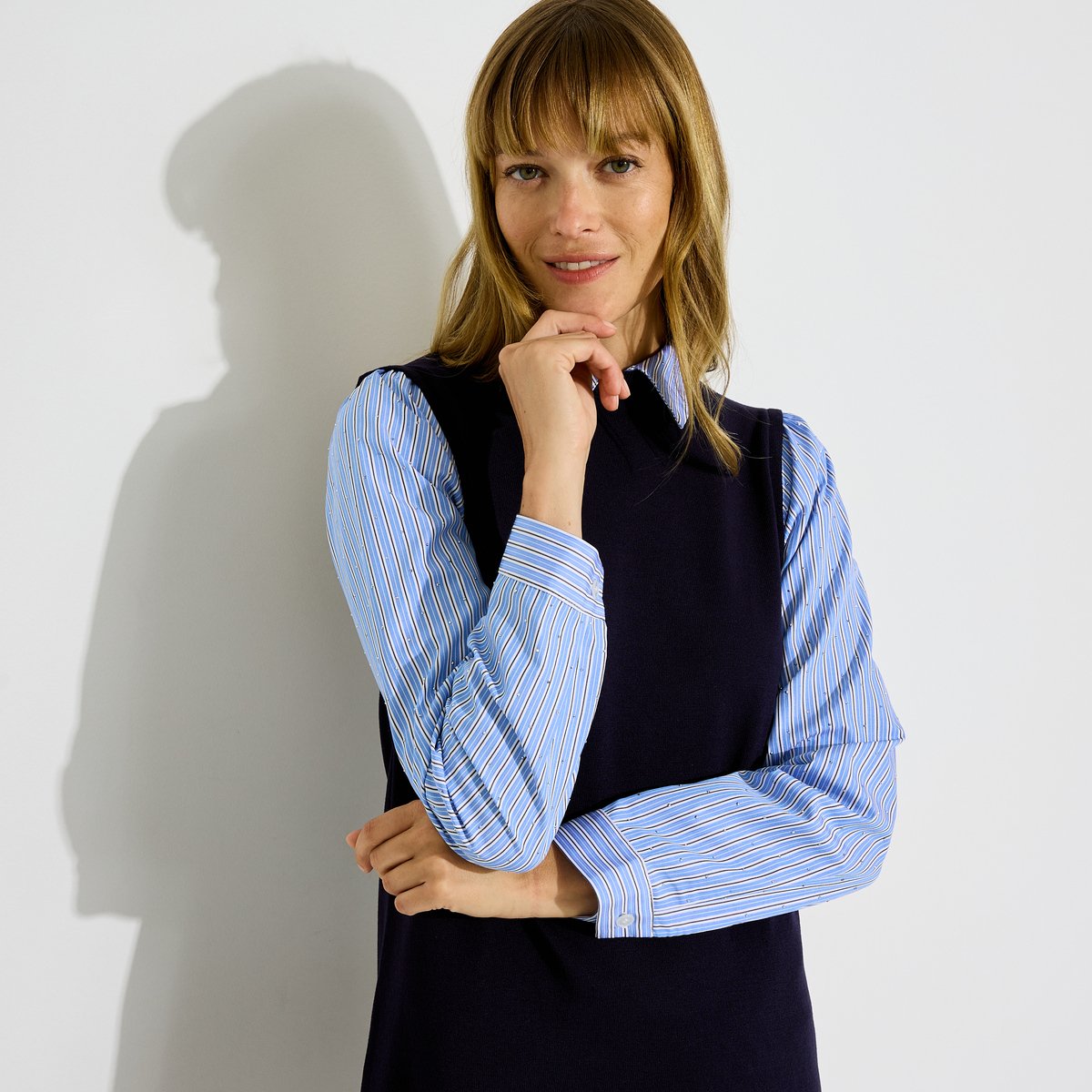 Robe courte 2-en-1 pull et chemise bleu marine, GRAIN DE MALICE