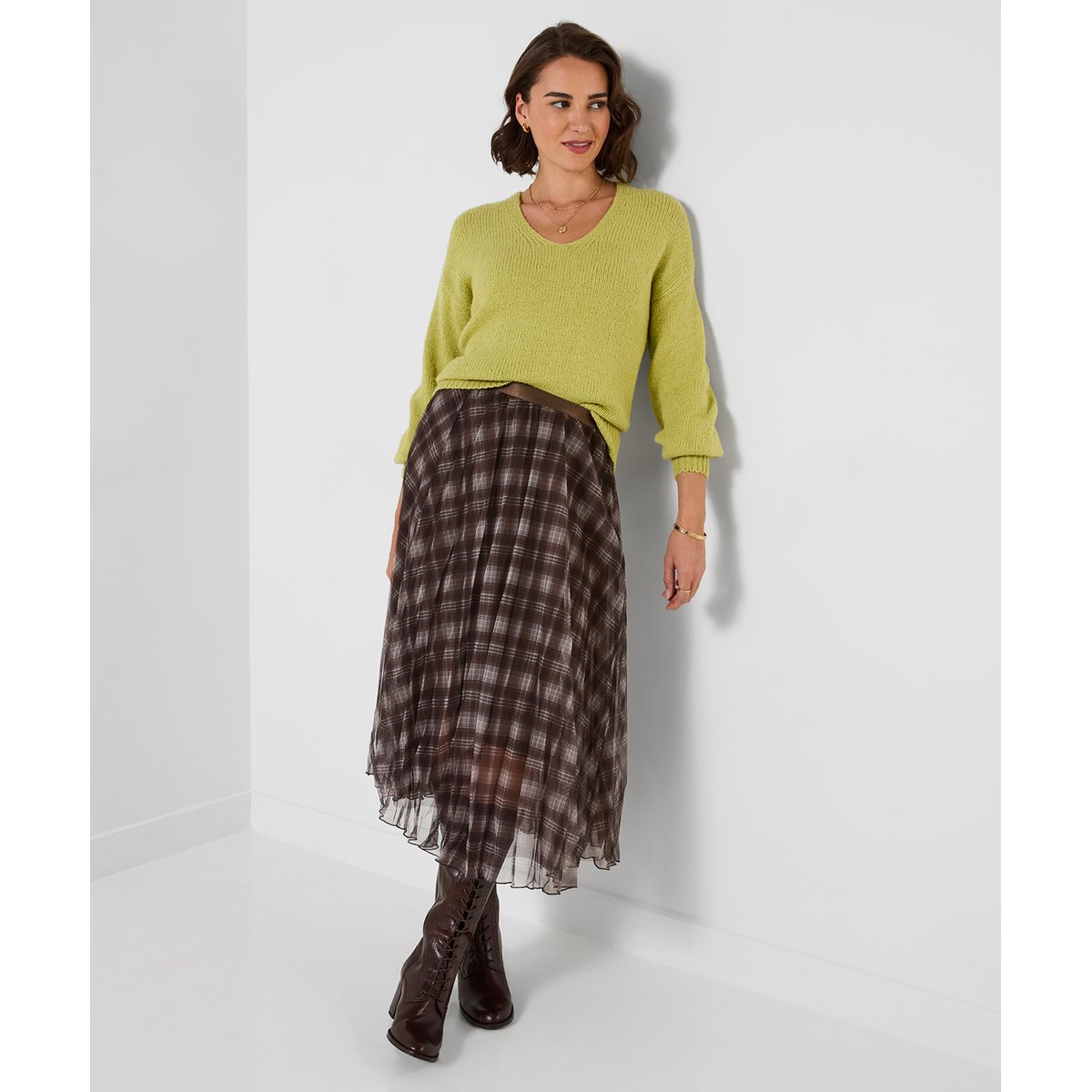 Jupe Mi-Longue en Tulle à Carreaux marron, JOE BROWNS