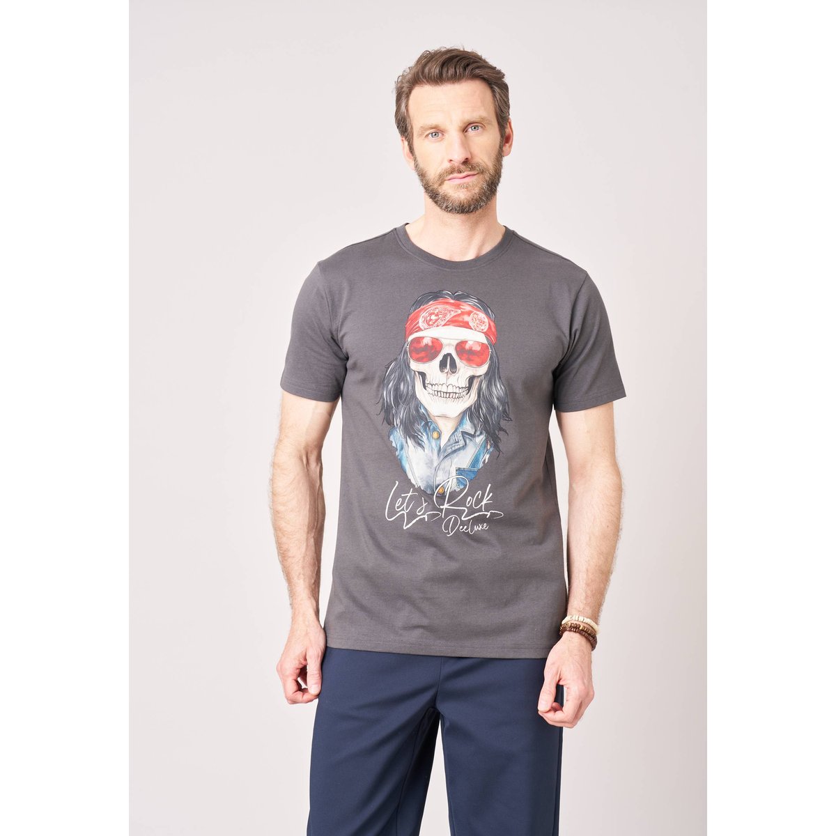 T-shirt confort homme en 100% coton jersey imprimé crâne rock ROCKER charcoal, DEELUXE