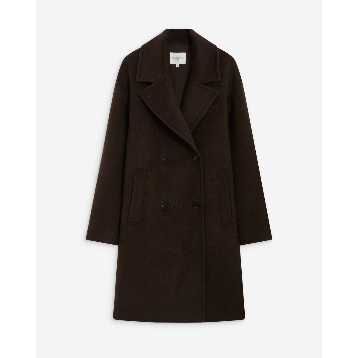 Manteau long croisé en laine mélangée grege Alois chocolat, GRACE & MILA