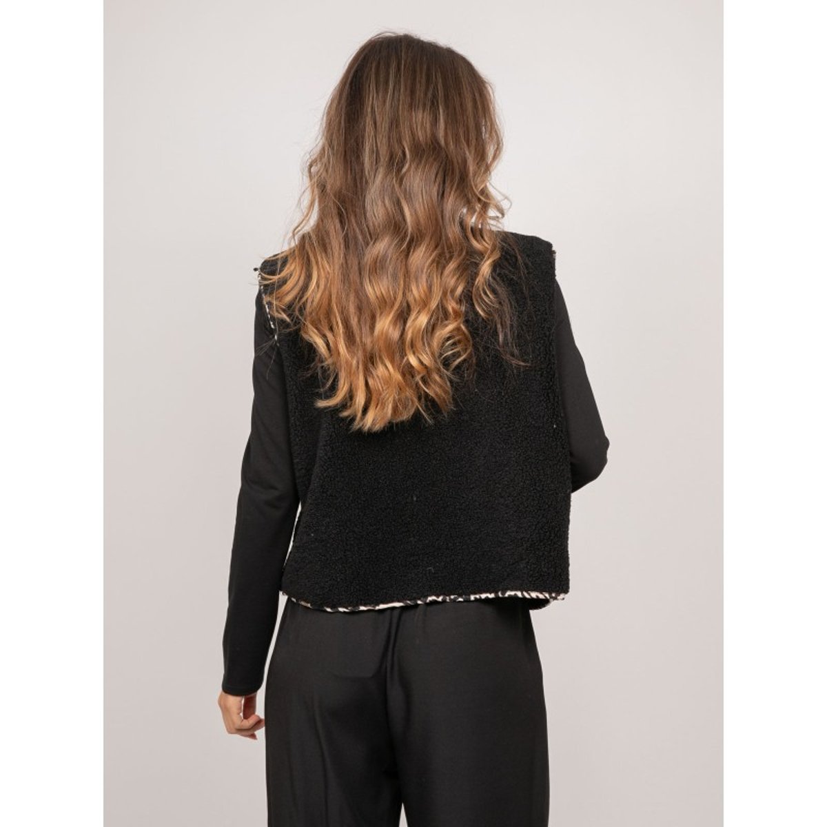 Gilet Sans Manches Sherpa Finitions Léopard Umalia noir, DONA LISA