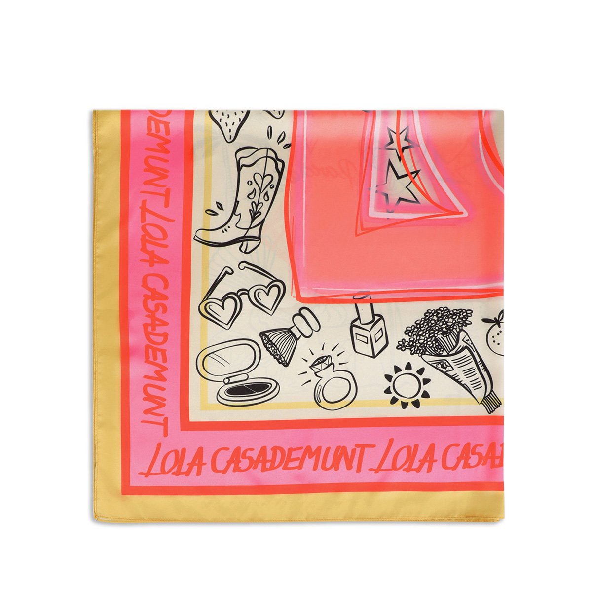 Foulard en satin imprimé logo XL et motifs estivaux rose, LOLA CASADEMUNT
