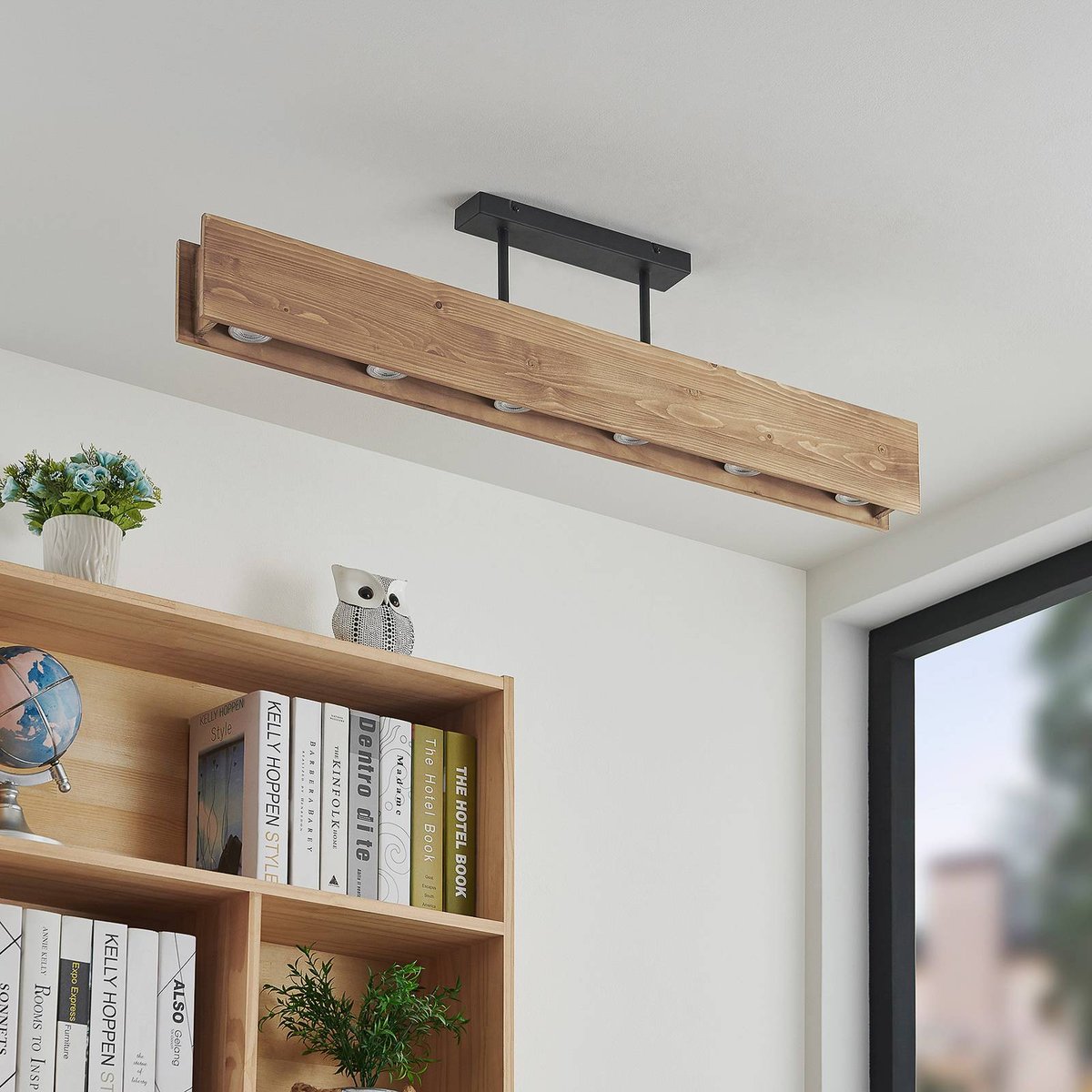 Plafonnier en bois scandinave, Malwin bois foncé, noir, LINDBY