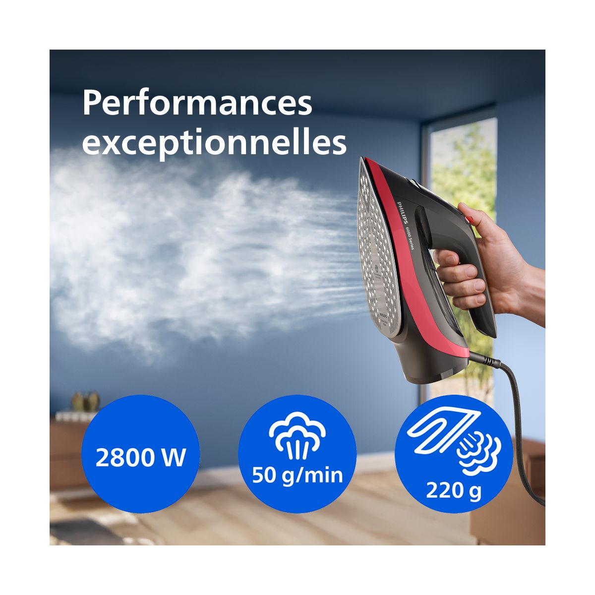 Fer à repasser DST6130/40 fer à vapeur Série 6000 Noir/Rouge, 2600W couleur unique, PHILIPS
