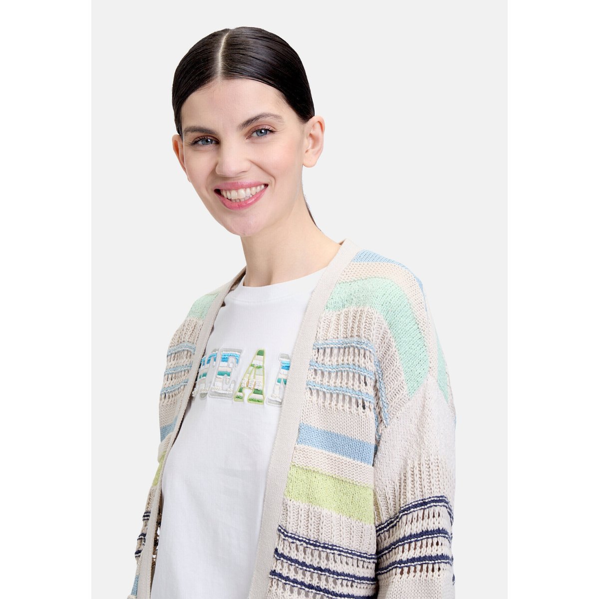 Cardigan en maille à motif colour blocking beige/bleu, CARTOON