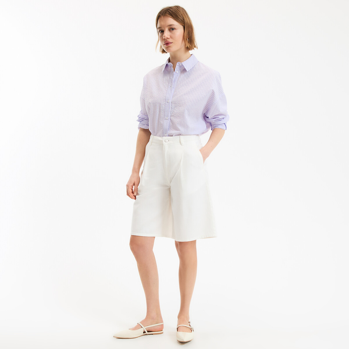 Bermuda con pinces in cotone e lyocell avorio, LA REDOUTE COLLECTIONS