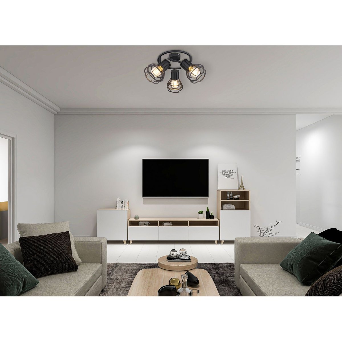 Plafonnier rond 3 spots design industriel CLASTRA noir, GLOBO LIGHTING