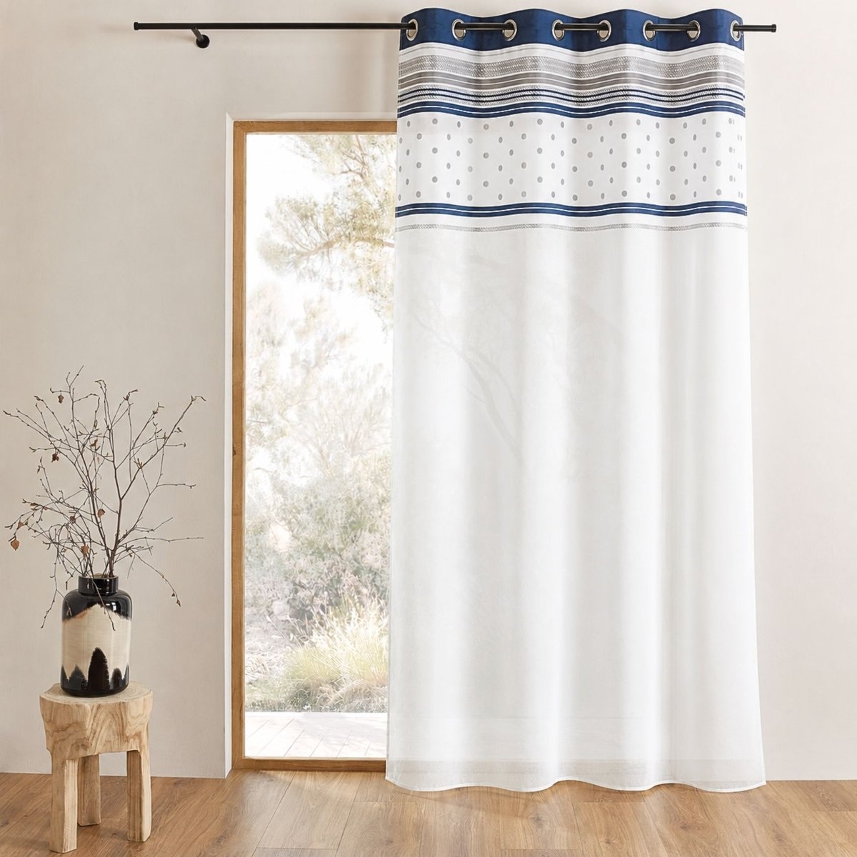 Voilage jacquard avec parement à rayures horizontales bleu marine, HOME MAISON