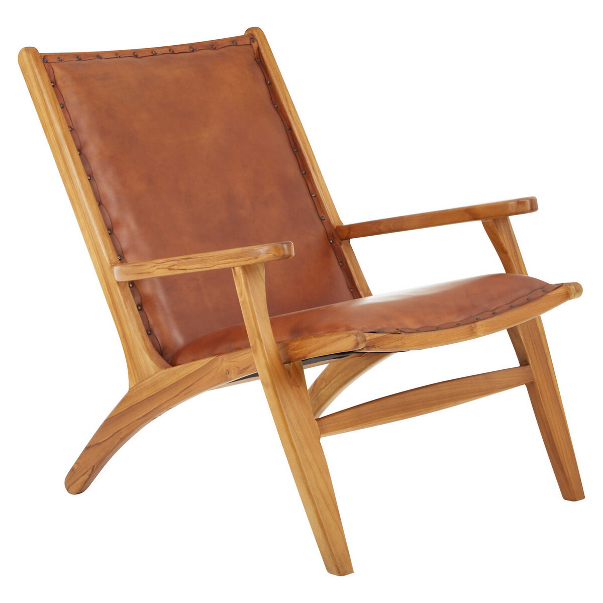 Laid Back Brown Leather and Natural Teak Wood Mid Century Chair tan, FIFTY FIVE SOUTH