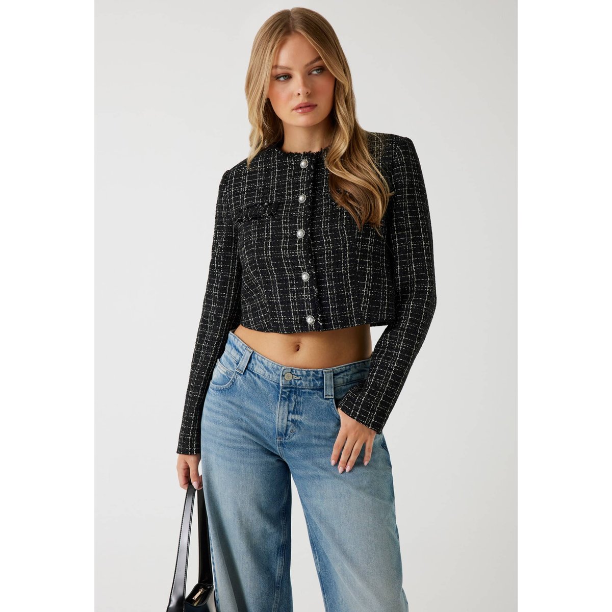 Veste Crop Tweed noir, GUESS