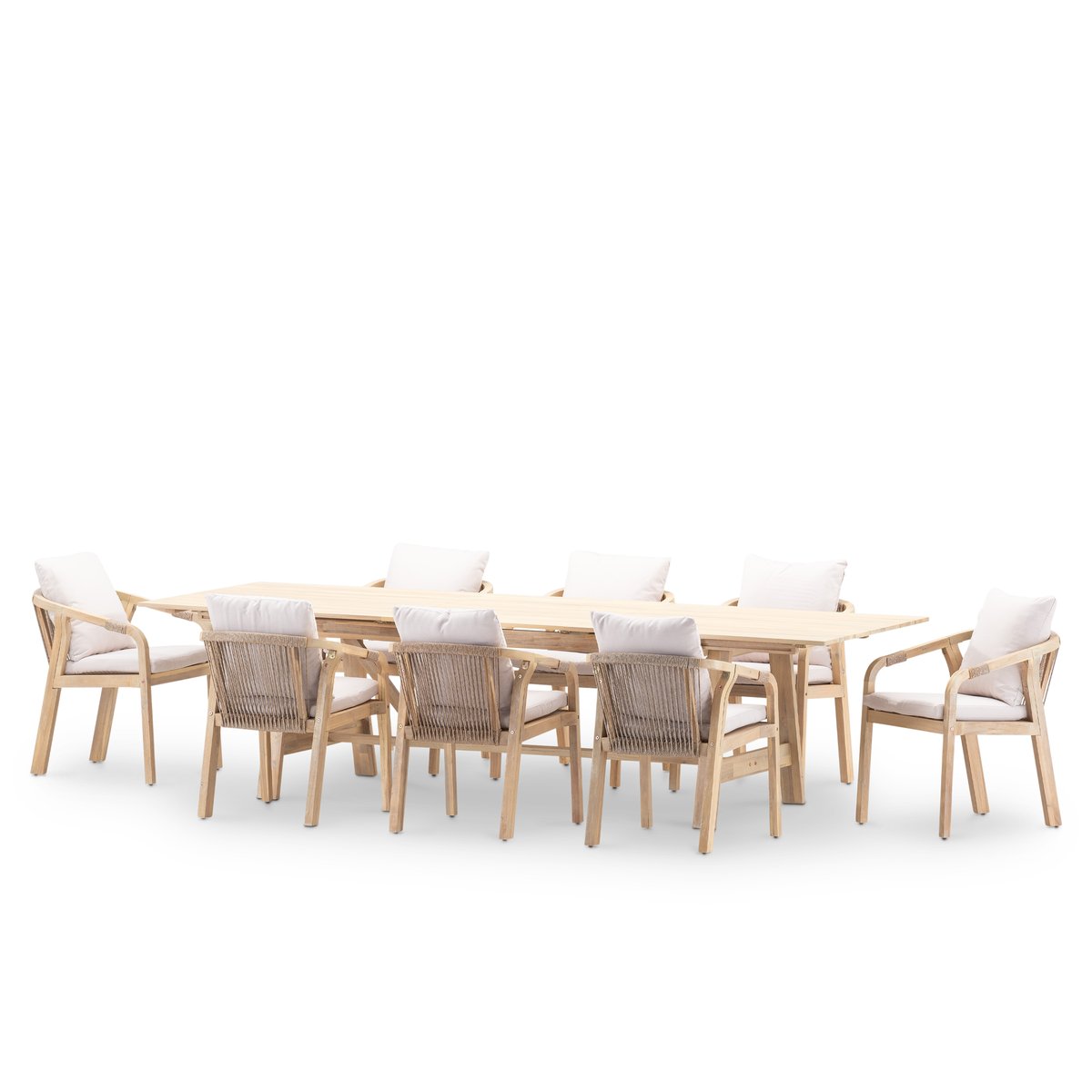 Salon de jardin, 8 chaises, LAMAS & SIENA bois clair, coussin beige, DEFORA HOME
