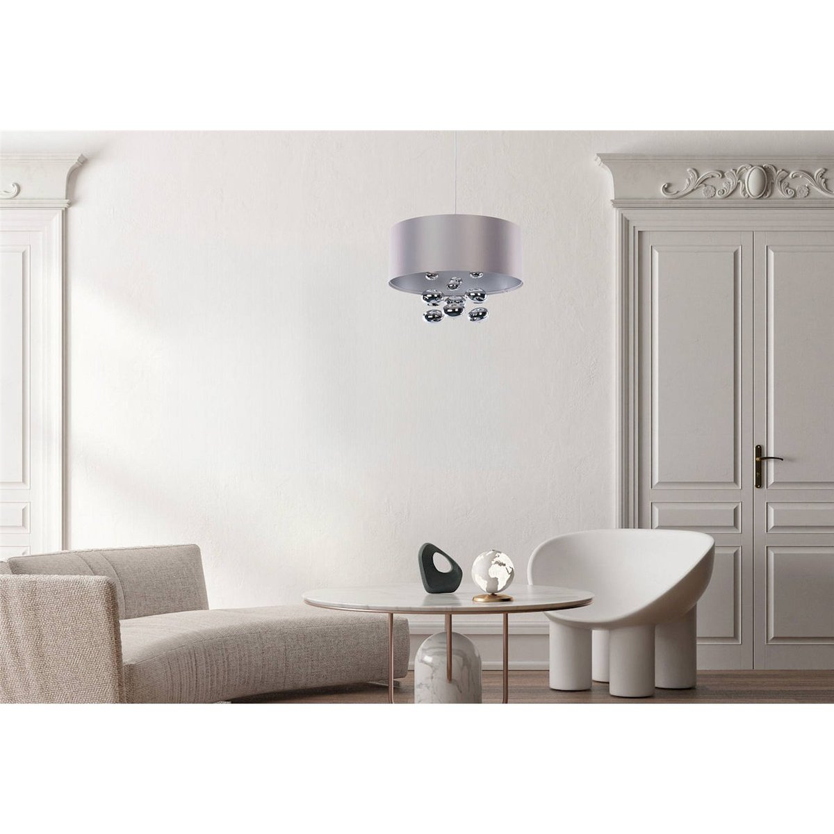 Suspension ronde en tissu boules décoratives Bubble Light gris satin avec finition argent mat, BPS KONCEPT