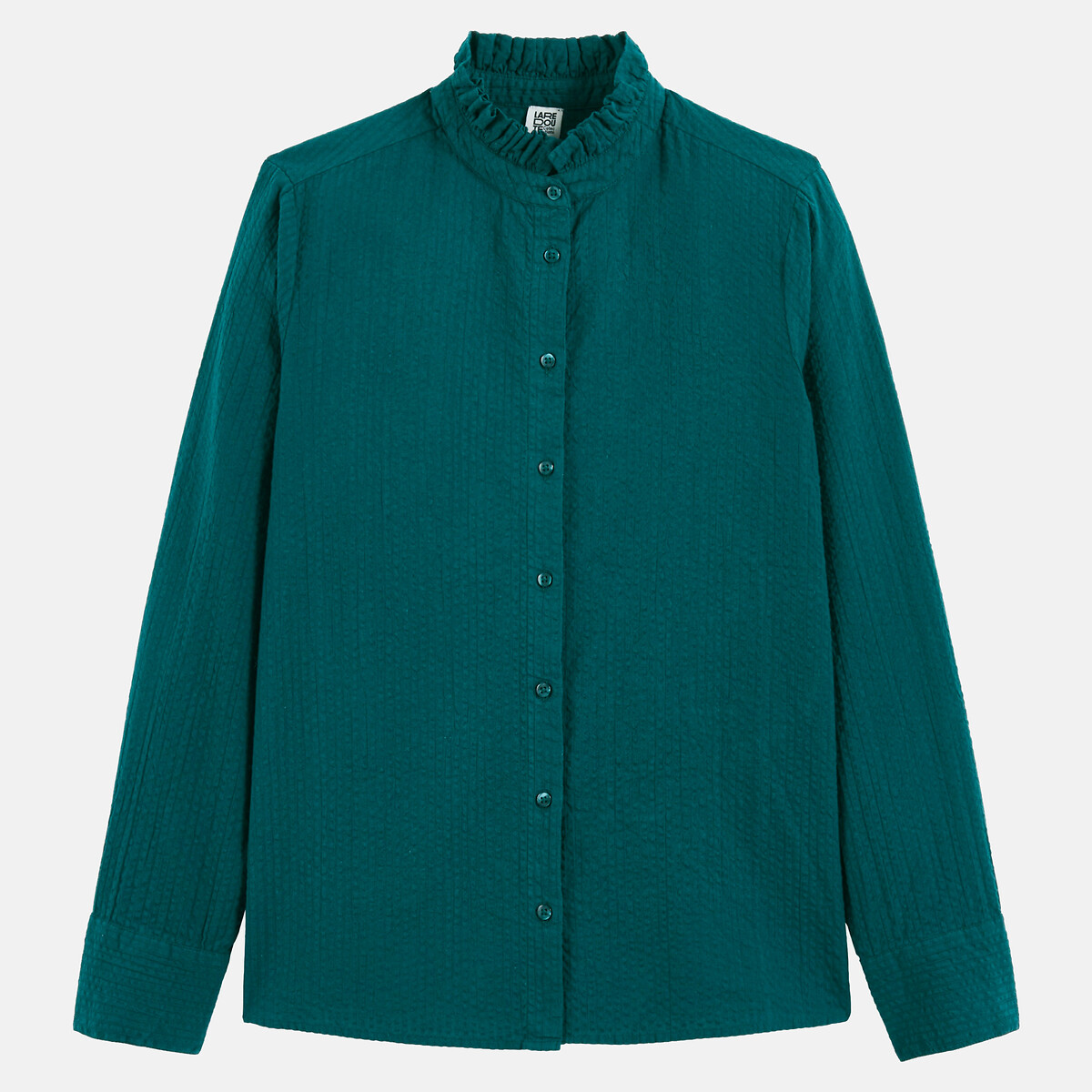 Chemise à col volanté manches longues en coton seersucker vert foncé, LA REDOUTE COLLECTIONS