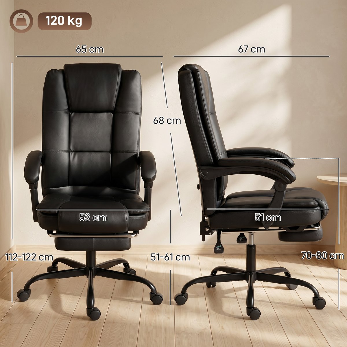 Chaise de bureau PU Noir noir, HOMCOM