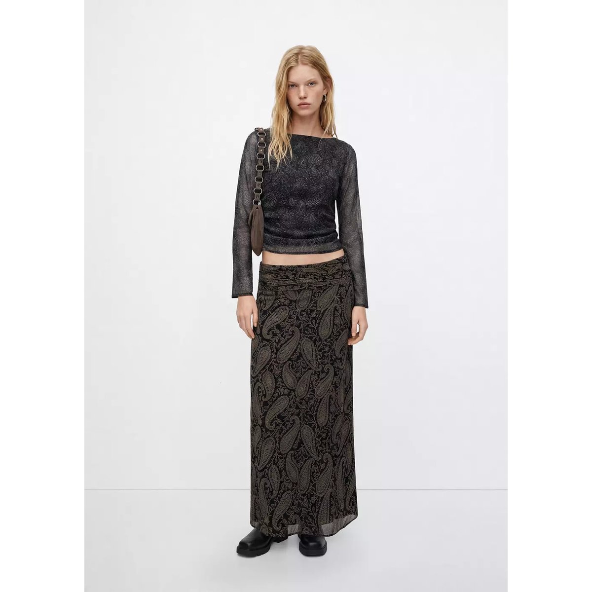 Blouse paisley col bateau noir, MANGO TEEN