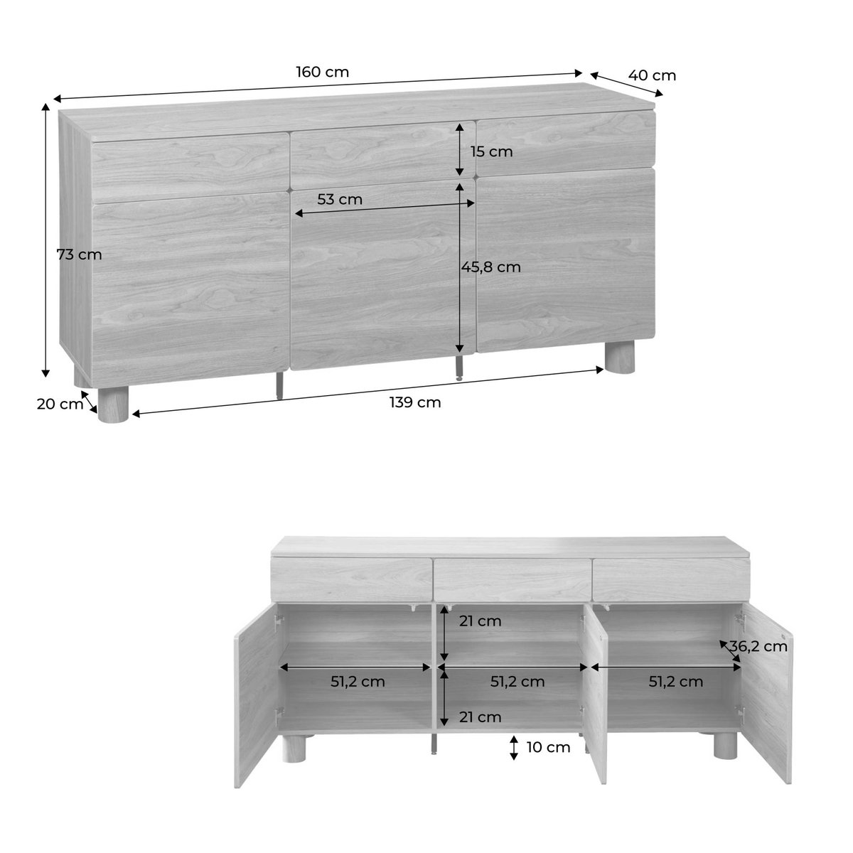 Buffet décor bois 3 tiroirs 3 portes AYANA bois de noisetier, SWEEEK