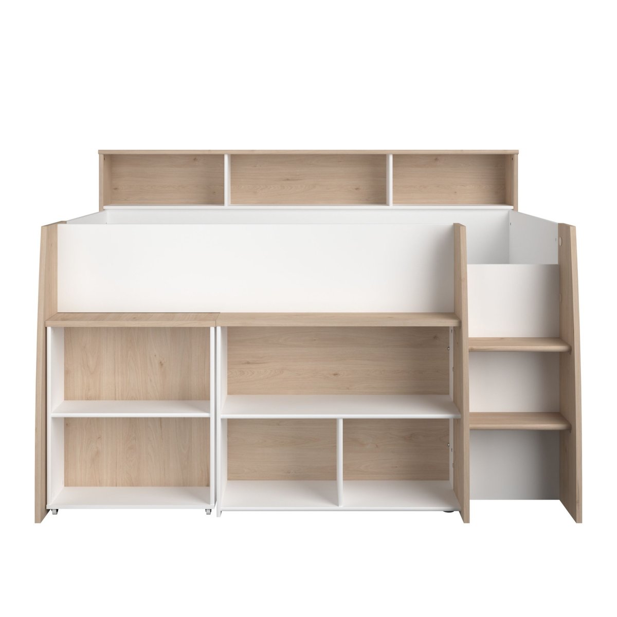 Lit mezzanine enfant bois avec bureau escamotable et rangements blanc, TERRE DE NUIT