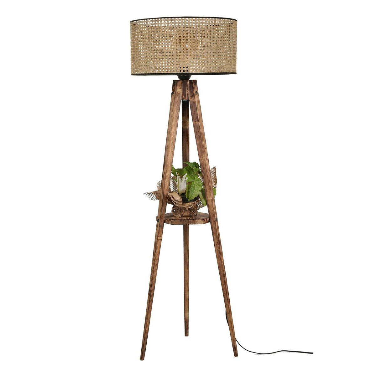 Lampadaire trépied effet bois avec abat-jour cannage KILIS beige, PIER IMPORT