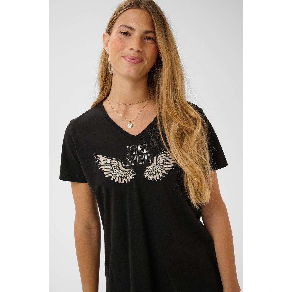 T-shirt à manches courtes noir rhinestone wings, CREAM