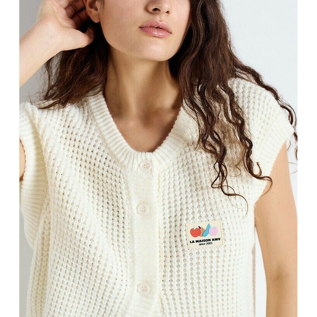 Chaleco de punto amplia con cuello redondo, sin mangas, CRASHWAY nácar, AMERICAN VINTAGE