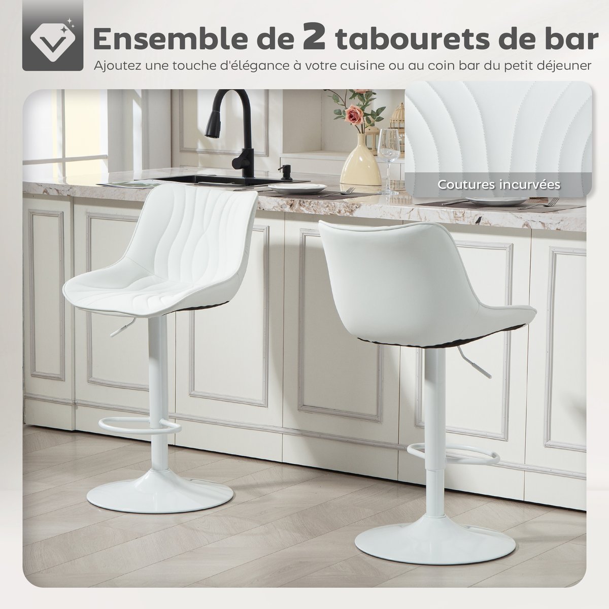 Tabouret de bar Polyuréthane Blanc blanc, HOMCOM