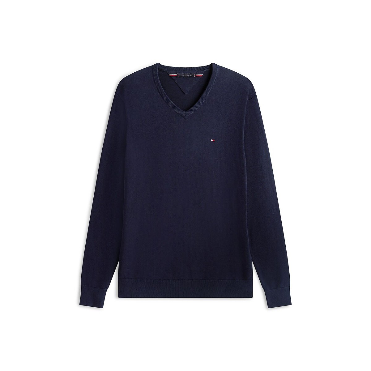 Camisola com decote em V, em malha fina marinho, TOMMY HILFIGER