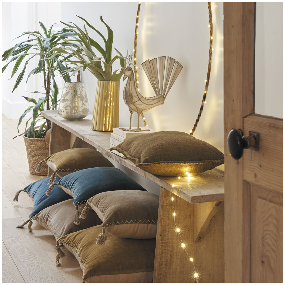 Housse de coussin en velours de coton kaki, BLANC D’IVOIRE