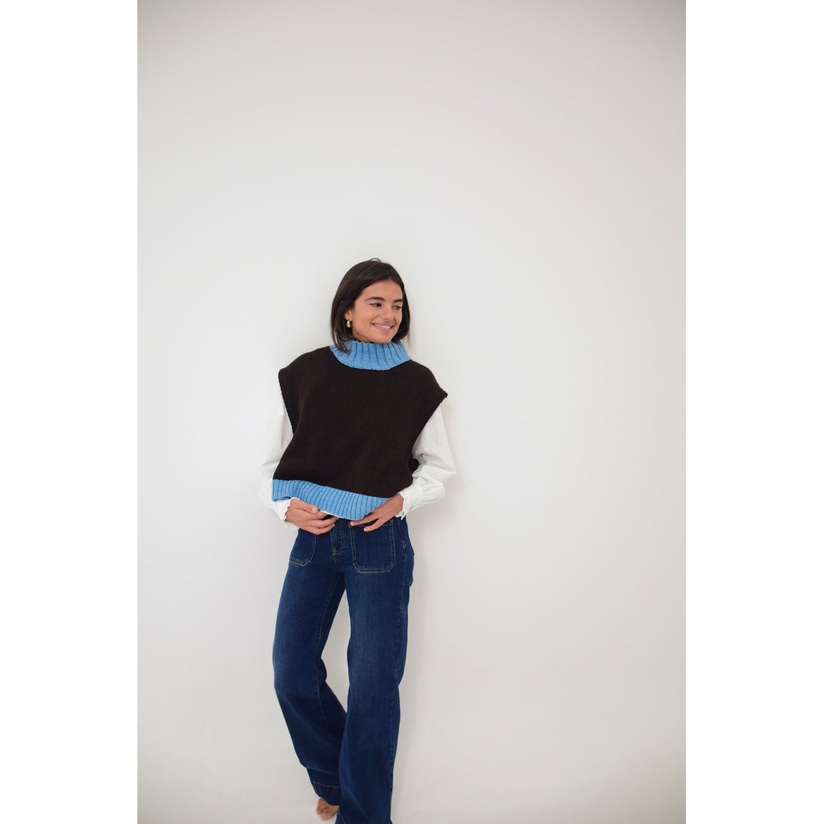Pull sans manches liens latéraux BRUNA marron / bleu, MINDTRAVELER