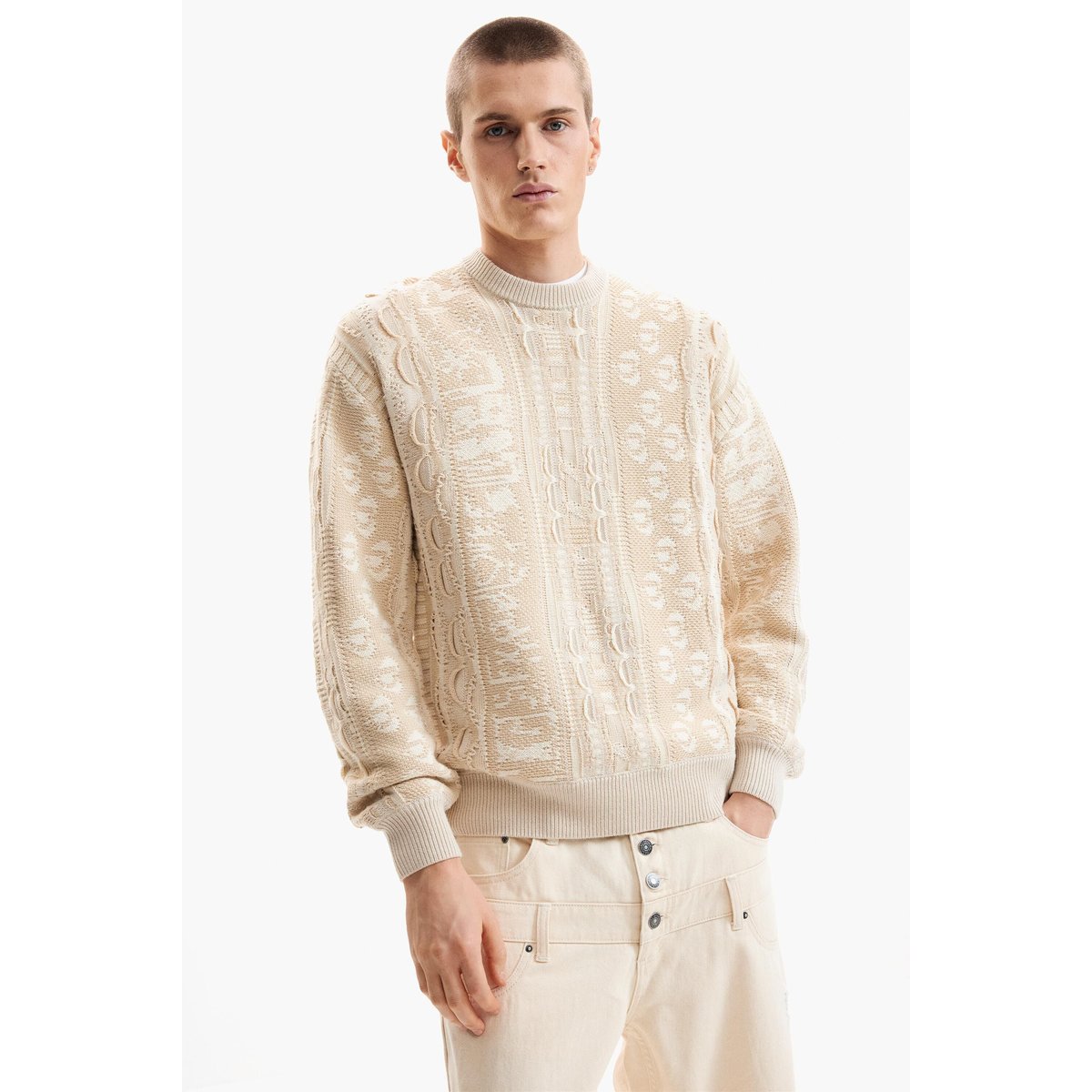 Pull en maille vintage blanc, DESIGUAL