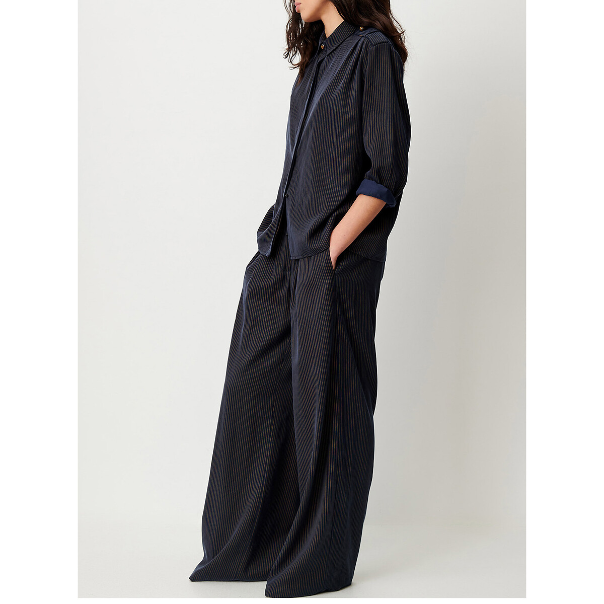 Pantalon large à fines rayures avec ceinture, RIM marine, SESSUN
