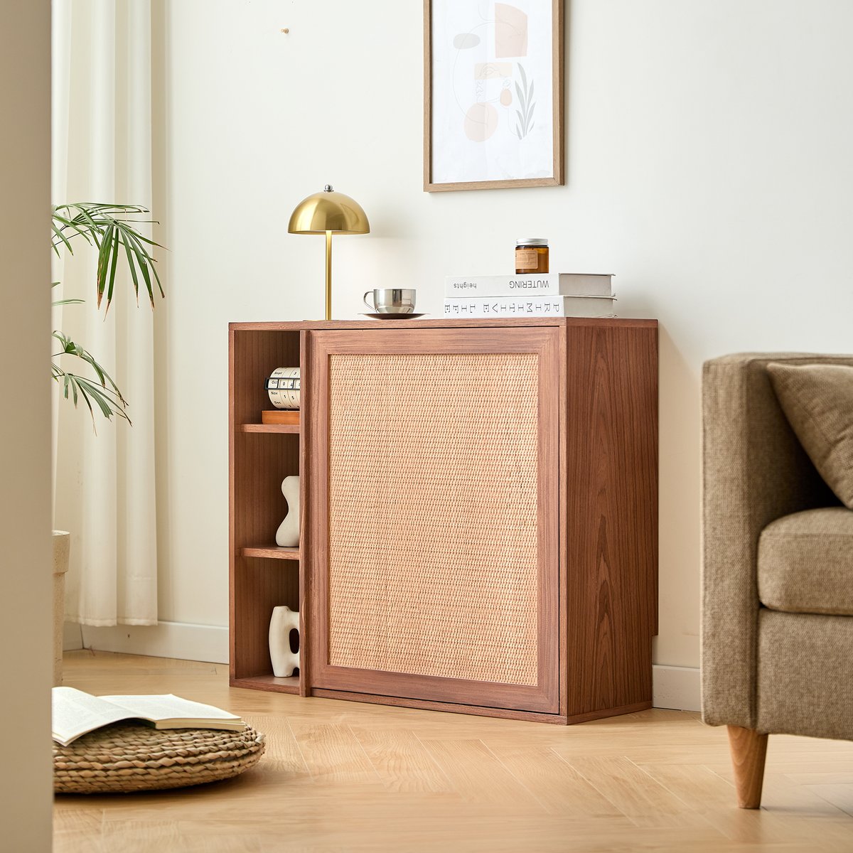 Meuble de rangement avec bureau tablette, bois de noyer et rotin, LAPENA marron, NORDLYS