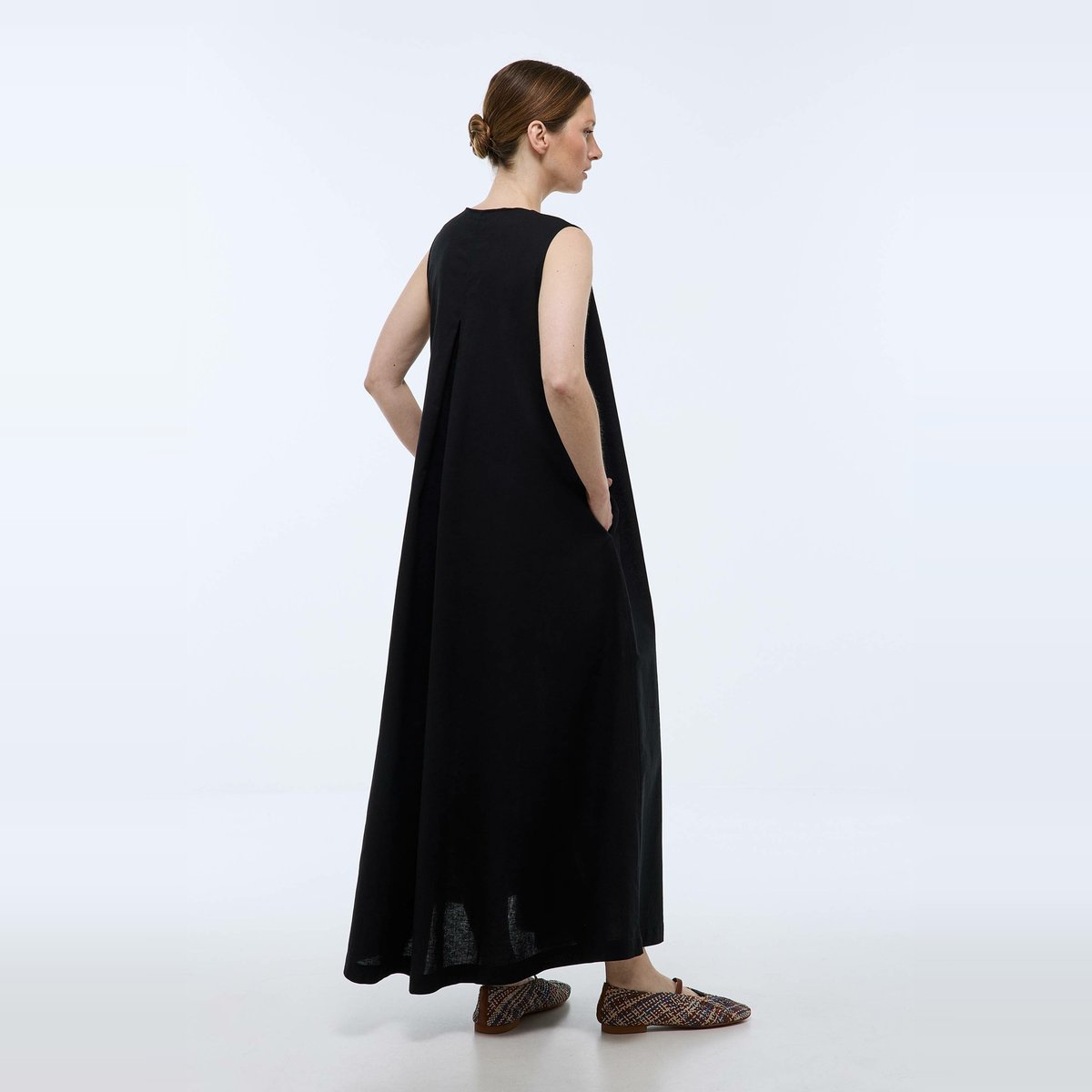 Robe longue unie contenant du lin noir, MONOPRIX