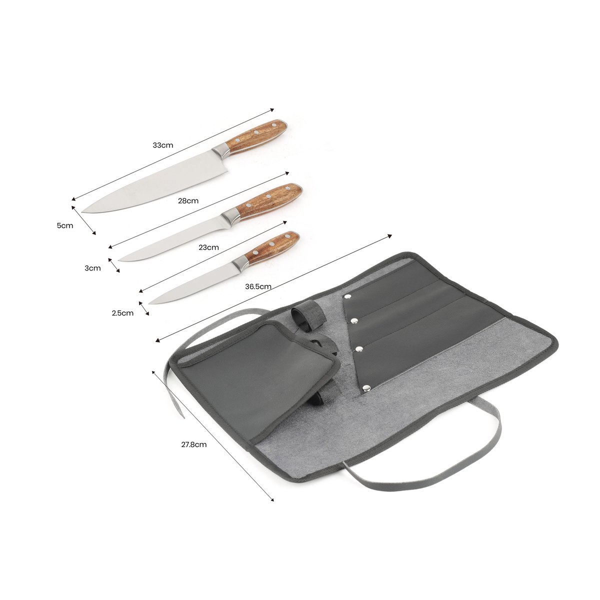 Set de 3 couteaux pour barbecue, NATERIAL marron, gris / argent, NATERIAL