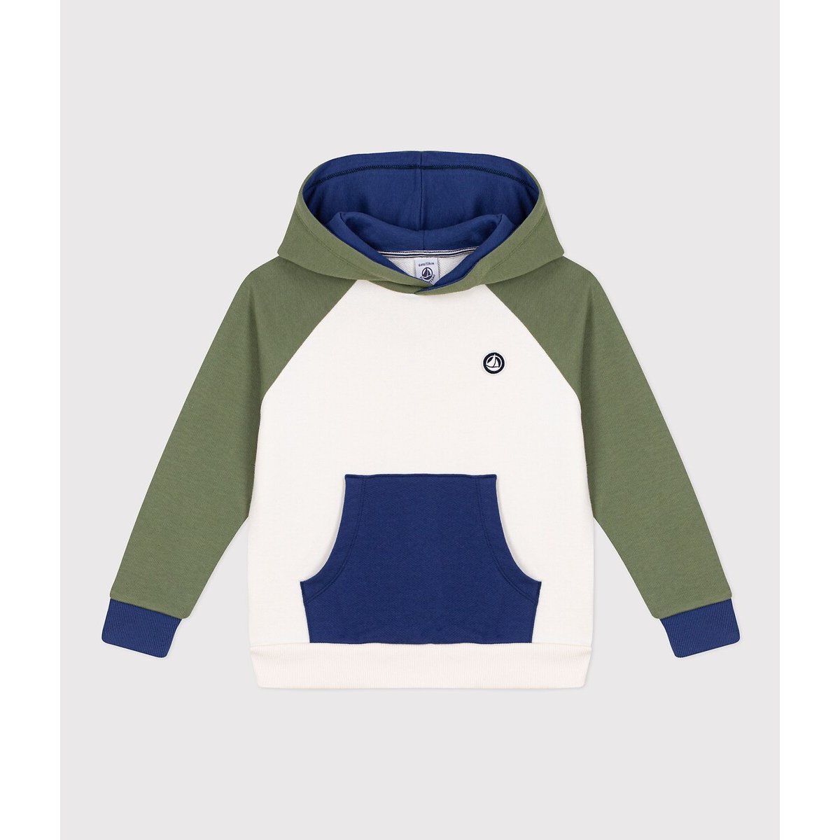 Sweat à capuche en molleton bleu marine/écru/vert, PETIT BATEAU